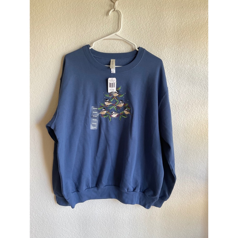 Morning Sun Cracker Barrel Chickadee Tree Embroidered Sweatshirt Blue XL NWT